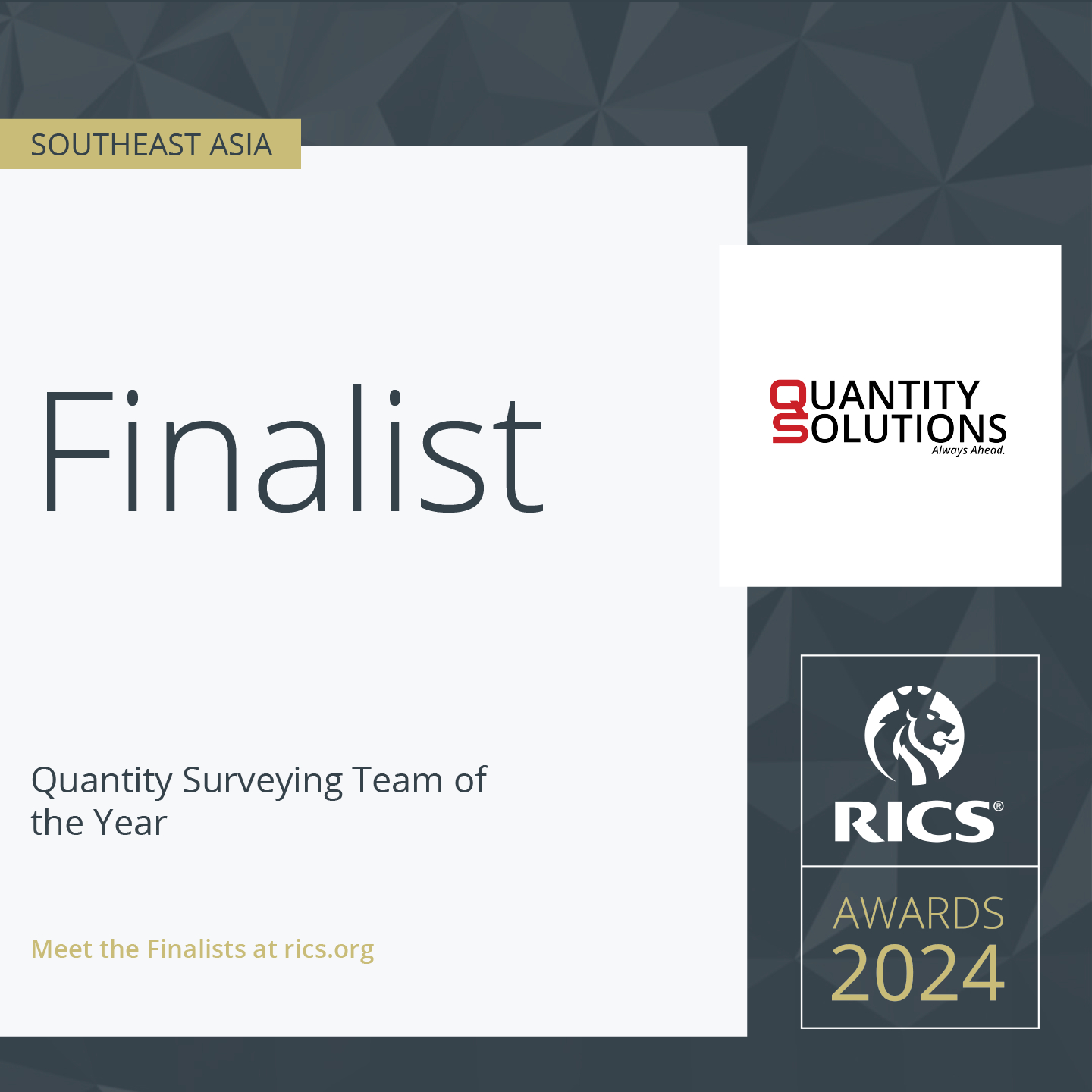 Quantity Solutions Inc., nominated as Quantity Surveying Team of the Year – Southeast Asia by RICS