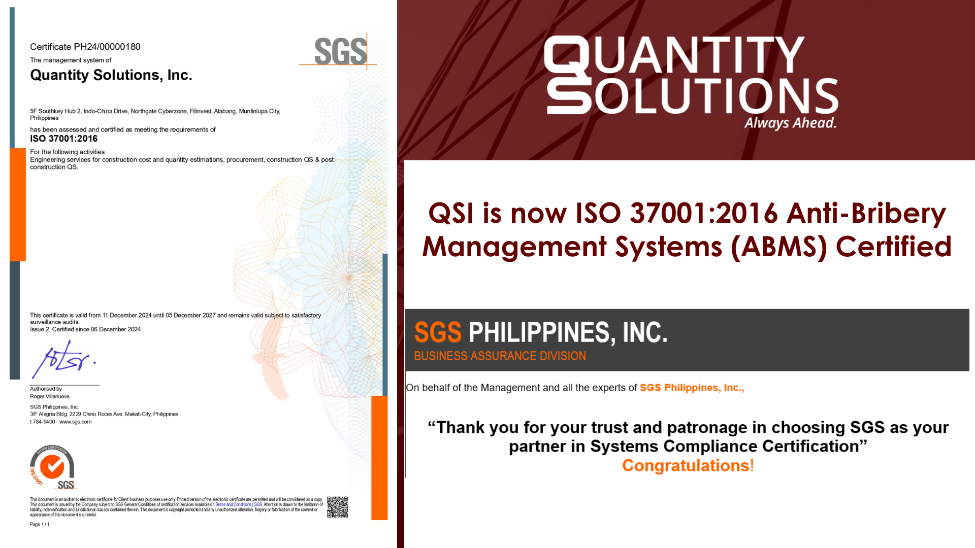 QSI is now ISO 37001:2016 Anti-Bribery Management Systems (ABMS) Certified!